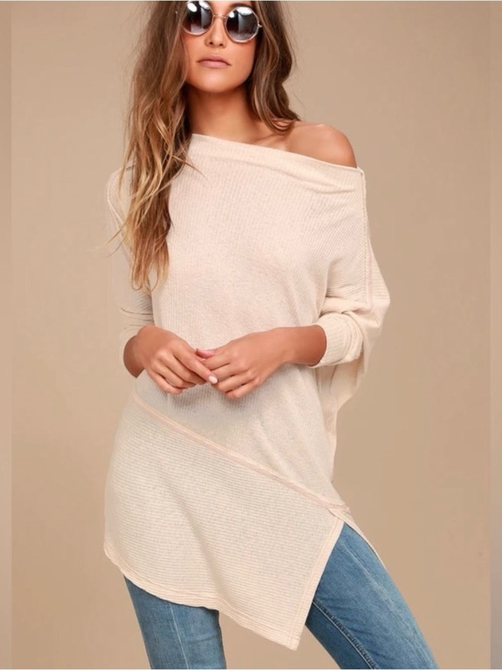We The Free LondonTown Thermal Tunic Top Oversized Slouchy Waffle Knit Cream S